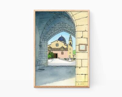 Picture to frame with an illustration of a monastery of Simat de la Valldigna in the region of La Safor (Valencia). Landscape in watercolor urban sketchers style. Villages of La Safor
