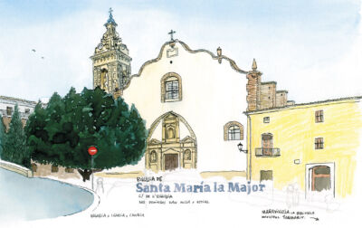 Lámina para enmarcar con una ilustración de la iglesia de santa maria en el municipio de Oliva, Valencia. Acuarela estilo urban sketchers. Fotos y dibujos de Oliva playa y pueblo.