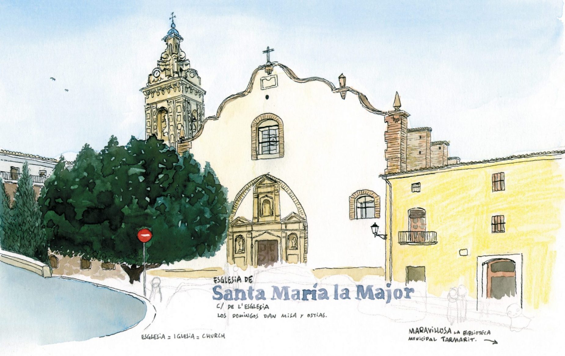 Lámina para enmarcar con una ilustración de la iglesia de santa maria en el municipio de Oliva, Valencia. Acuarela estilo urban sketchers. Fotos y dibujos de Oliva playa y pueblo.