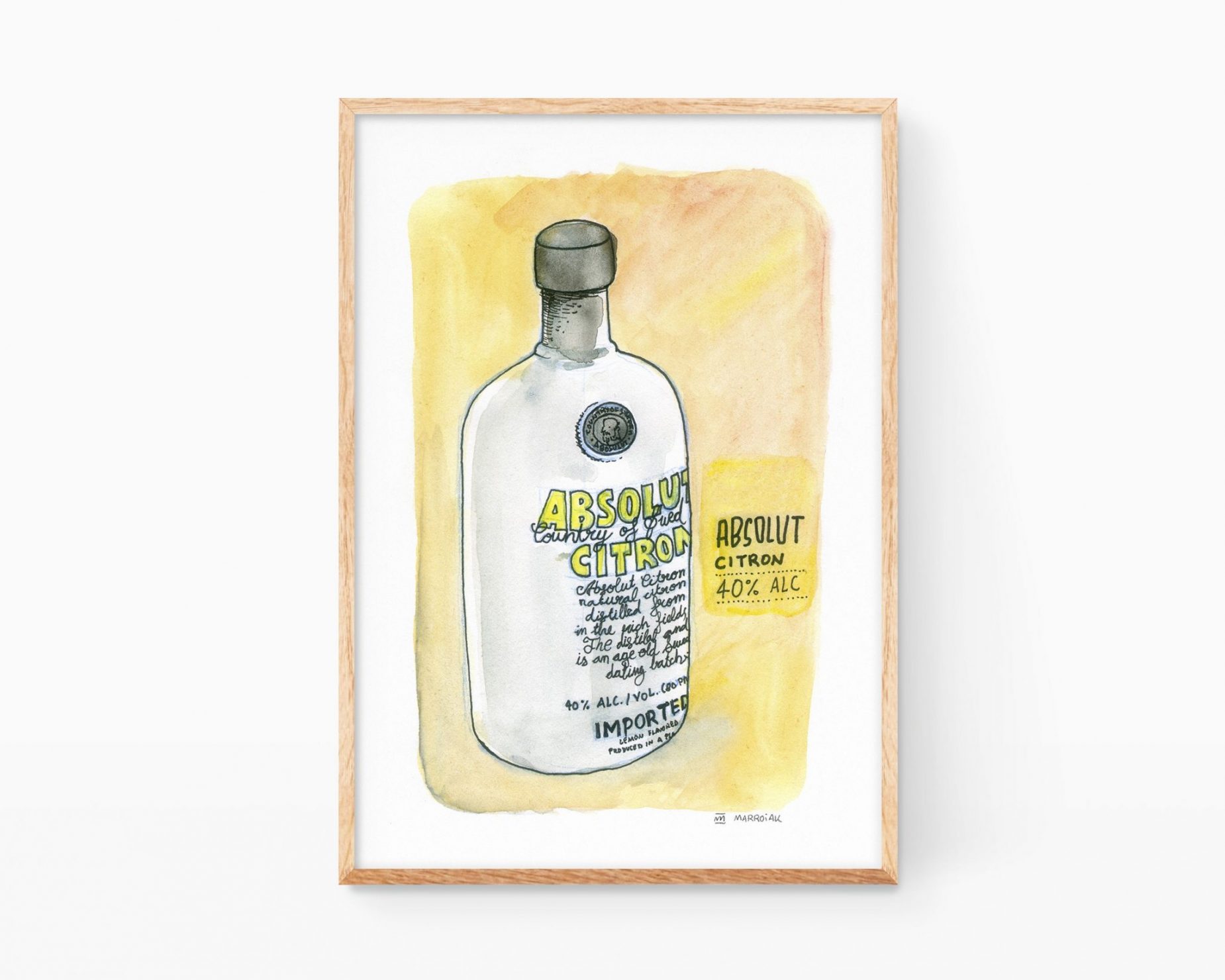 Lámina para decoración de cocinas con una ilustración en acuarela de una botella de vodka Absolut Citron. Dibujos cutres para enmarcar
