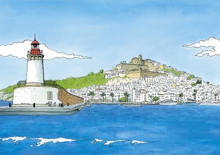 Cuadros de Ibiza. Lámina decorativa para enmarcar con una ilustración en acuarela del Puerto de Eivissa, La Marina y Dalt Vila en la isla de Ibiza. Print con dibujo exclusivo disponible para comprar online.