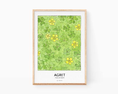 Dibujo Agrio, agrios o agrillo (Agret en valenciano). Lámin con ilustraciones de plantas y flores. Cuadro decorativo para enmarcar con un dibujo en acuarela de un manto de oxalis-pes-caprae, típico de los campos de naranjas en Valencia. Prints botánicas.