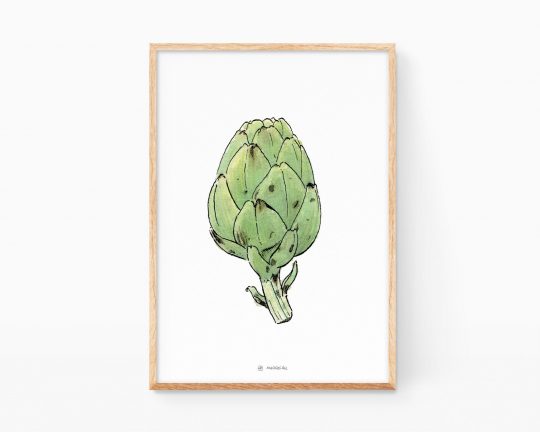 Cuadro decorativo para cocina con un dibujo de una alcachofa. Ilustraciones de frutas y verduras para enmarcar