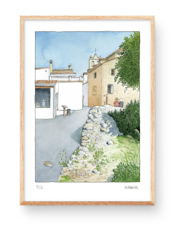 Watercolor drawing of the village of Almiserà in the region of La Safor, Valencia.