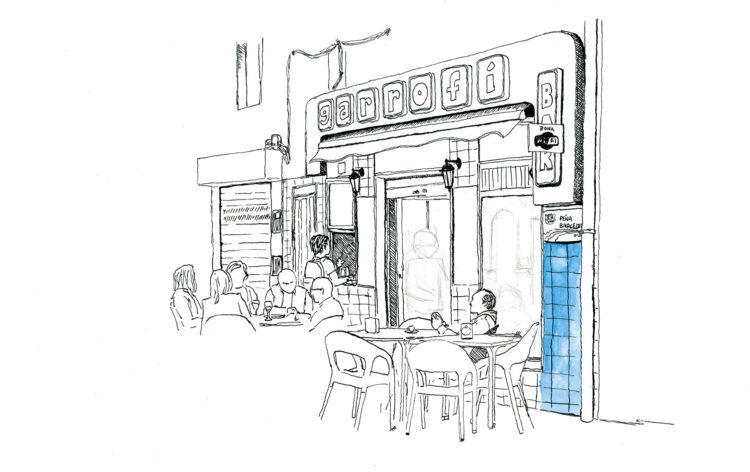 Lámina decorativa bar el garrofí en oliva, La Safor (Valencia). Boceto en tinta sobre papel en blanco y negro