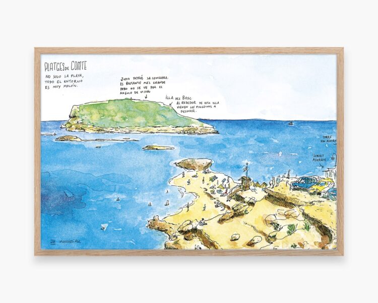 Dibujo Isla Ibiza. Cuadro decorativo para enmarcar con una ilustración en acuarela de la playa Cala Comte en el municipio de Sant Josep de Sa Talaia (Eivissa). Acuarelas de playas.
