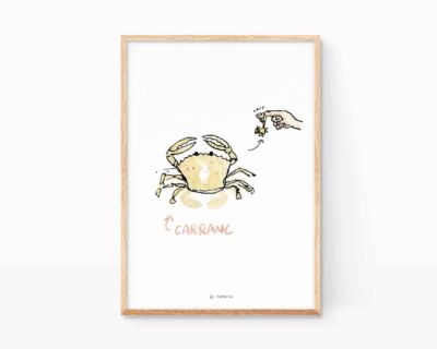 Cuadro decorativo con una acuarela de un cangrejo de playa. Decoración nórdica, escandinava y divertida