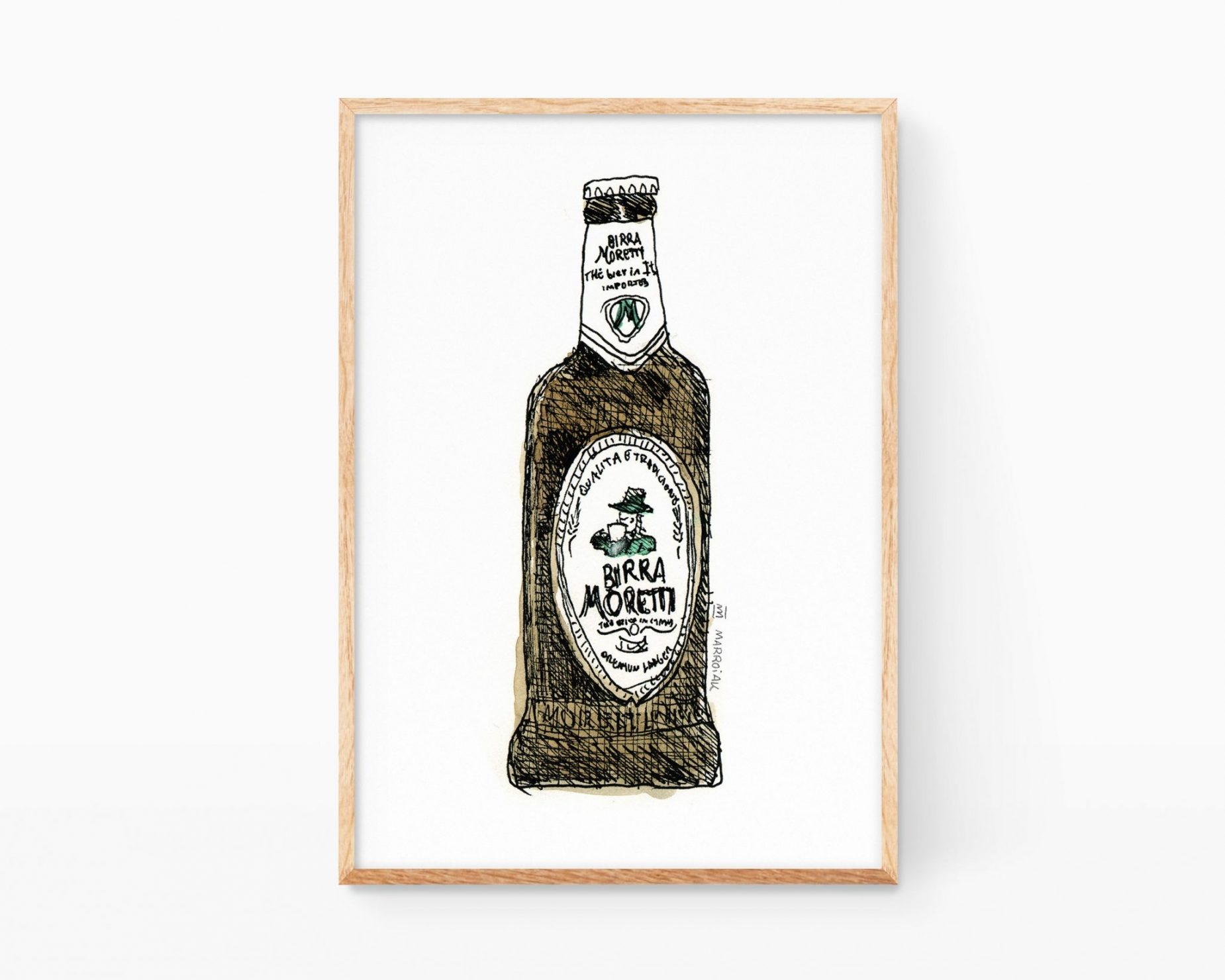 Lámina con una ilustración de una cerveza italiana Birra Moretti (Italia). Dibujos para bares y cervecerías.