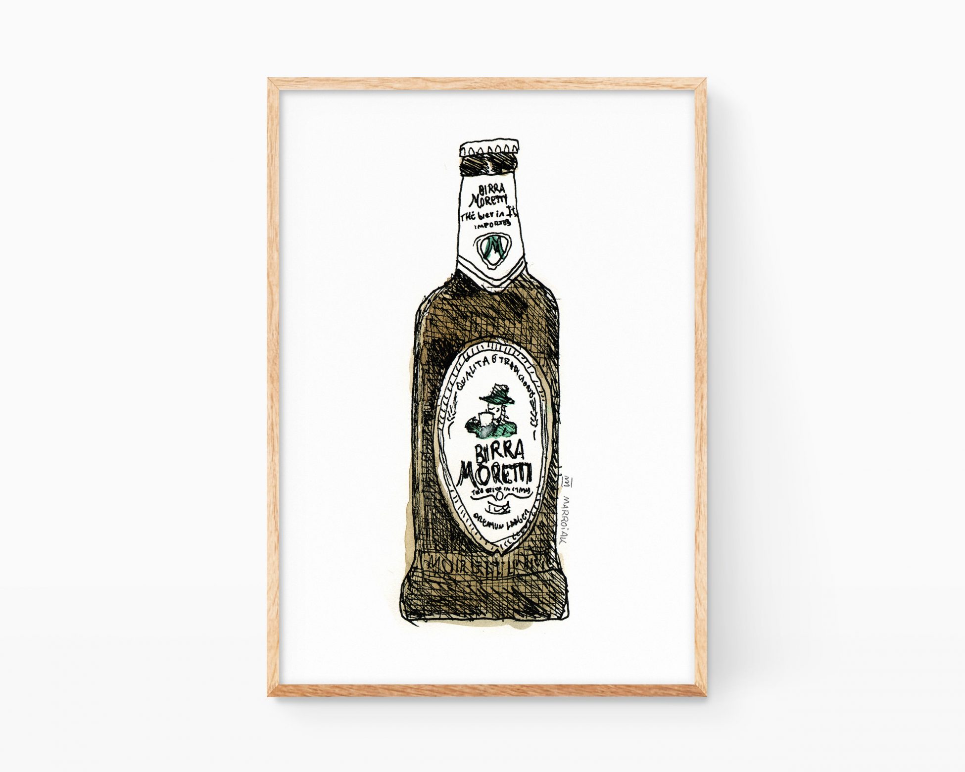 Lámina decorativa para cocina con una ilustración de una cerveza italiana Birra Moretti (Italia). Dibujos divertidos de comida y bebida para bares y restaurantes.
