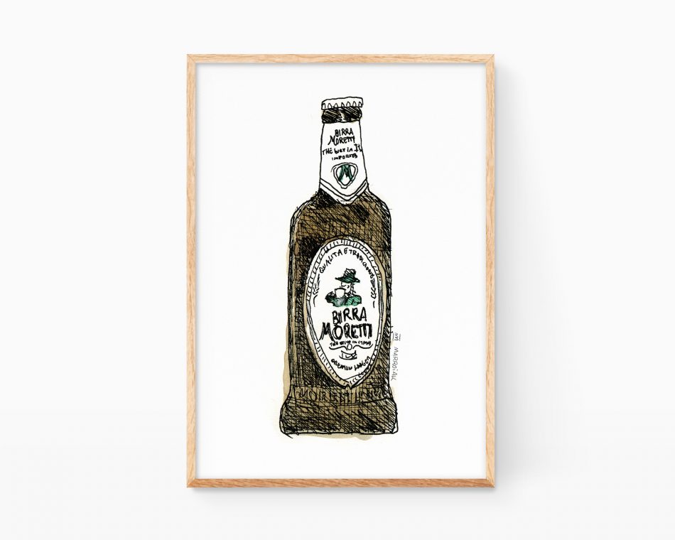 Lámina decorativa para cocina con una ilustración de una cerveza italiana Birra Moretti (Italia). Dibujos divertidos de comida y bebida para bares y restaurantes.