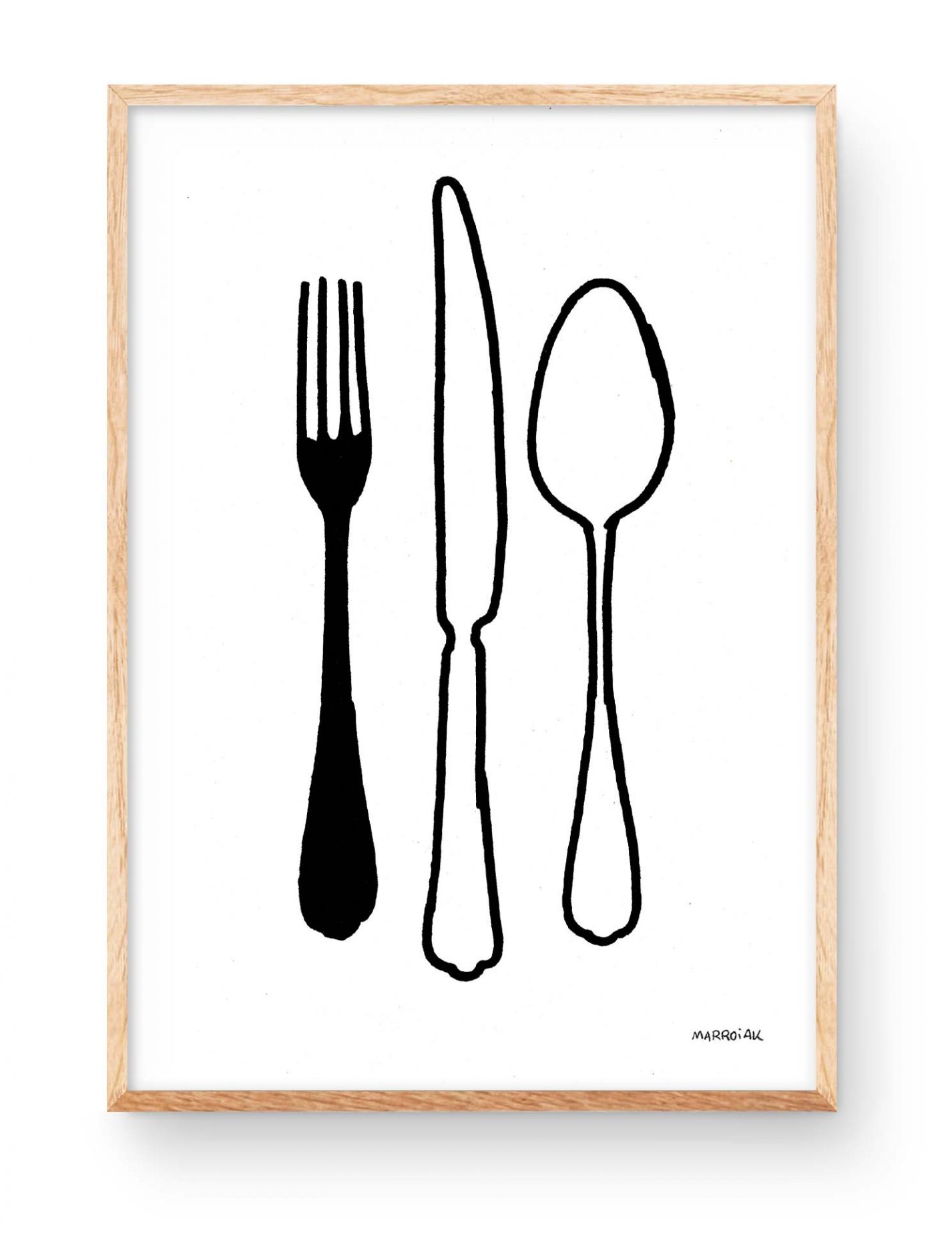 Lámina con una ilustración en blanco y negro de varios cubiertos de cocina y mesa.