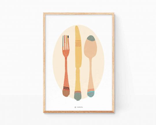 Cuadro para enmarcar decoración de cocinas y restaurantes con un dibujo de cubiertos. Posters de comida para restaurantes.
