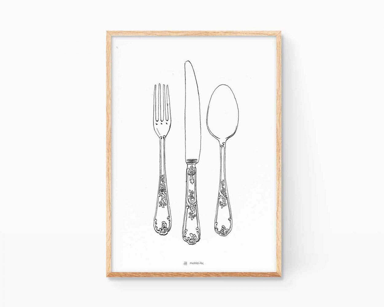Ilustración cubiertos de cocina. Cuadro decorativo para cocinas con una print para enmarcar en blanco y negro. Aparecen el cuchillo, el tenedor y la cuchara. Posters para casas de estilo boho y vintage.