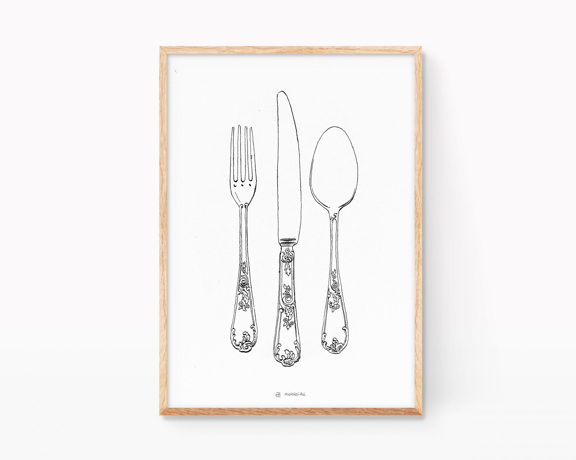 Cuadro decorativo para enmarcar con una print de dibujos en blanco y negro de cubiertos de mesa como el cuchillo, tenedor y cuchara. Posters de comida para restaurantes y grastrobares. Arte original