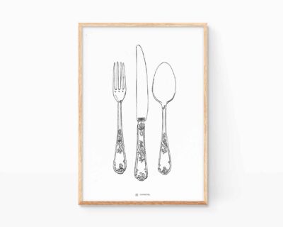 Illustration of kitchen cutlery. Decorative picture for kitchens with a print for framing in black and white. Knife, fork and spoon appear. Posters for boho and vintage style houses.