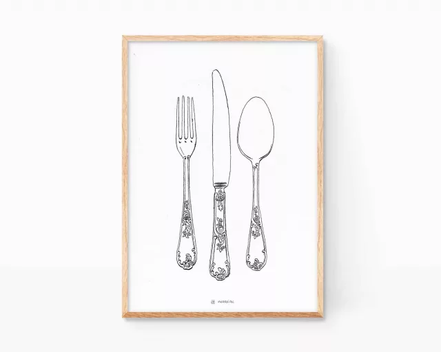 Ilustración cubiertos de cocina. Cuadro decorativo para cocinas con una print para enmarcar en blanco y negro. Aparecen el cuchillo, el tenedor y la cuchara. Posters para casas de estilo boho y vintage.
