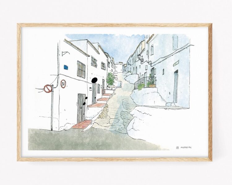 Cuadro para enmarcar con una ilustración del Carrer de la corbera en el municipio de Oliva (La Safor - Valencia). Boceto urban sketchers barrio antiguo histórico. Pueblos de La Safor