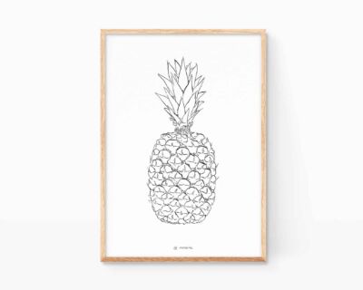 Lámina decorativa para cocinas, fruterías y zumerías con una ilustración en blanco y negro de una piña. Cuadros para enmarcar online