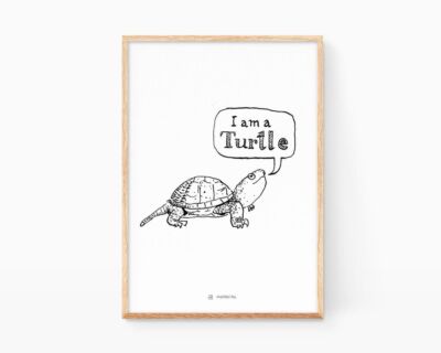 Black and white print with an illustration of a funny turtle. Decoration for children