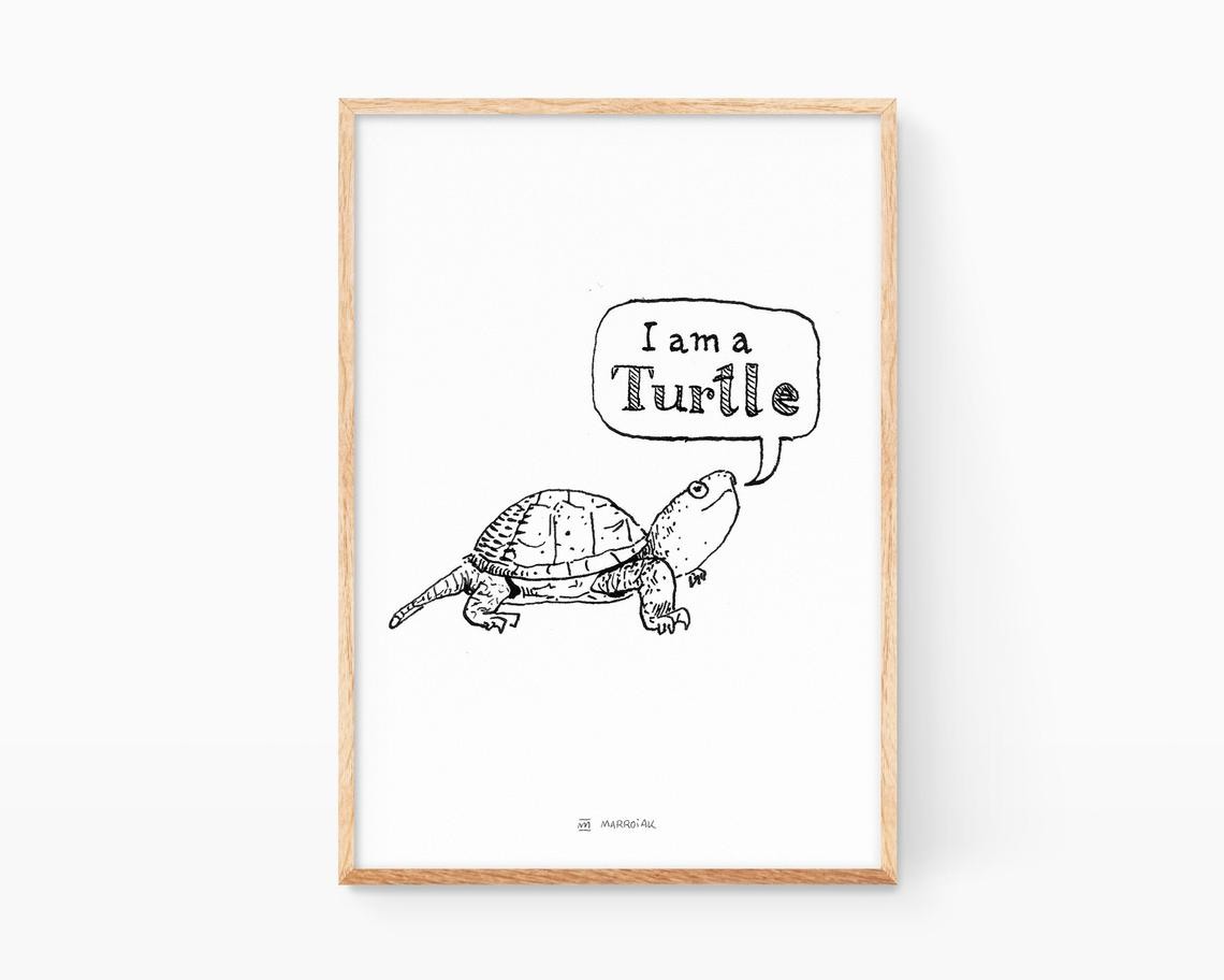 Lámina en blanco y negro con una ilustración de una tortuga divertida. Decoración para niños