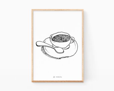 Lámina decorativa con una ilustración de una taza de café italiano expresso. Decoración de cocinas minimalistas y nórdicas. Dibujo Punk Art
