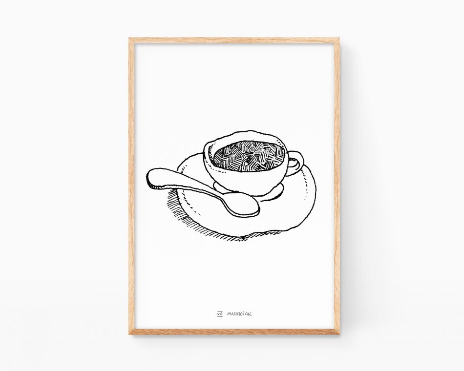 Lámina decorativa con una ilustración de una taza de café italiano expresso. Decoración de cocinas minimalistas y nórdicas. Dibujo Punk Art