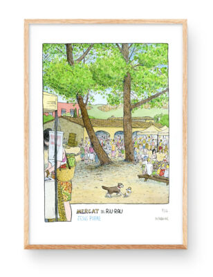 Print with a drawing of the Riurau handicraft and local product market in the village of Jesús Pobre, Denia.