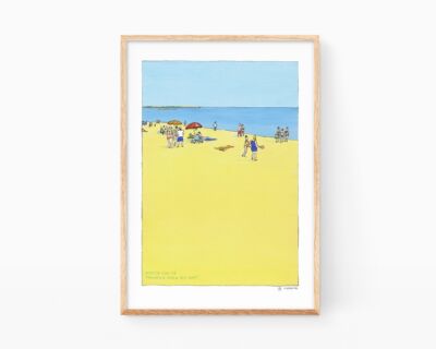 Cuadro con una acuarela de la orilla de la playa de Oliva (Valencia) con varios bañistas y veraneantes a primera hora de la mañana