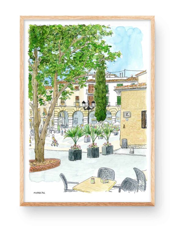 Lámina dibujo plaza del ayuntamiento de Gandia. Ilustración en acuarela