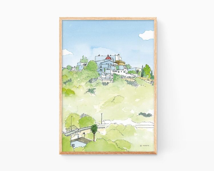 Lámina decorativa con una ilustración en acuarela de Puig de Missa en el municipio de Santa Eulalia, Ibiza. Dibujos de arquitectura ibicenca