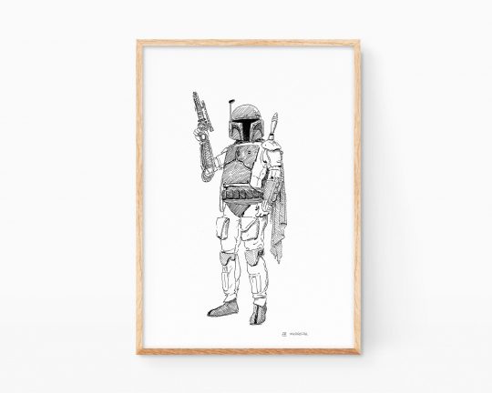 Cuadro decorativo con una ilustración original de Boba Fett de la saga Star Wars ((La guerra de las galaxias). Dibujo en blanco y negro disponible para compar online.