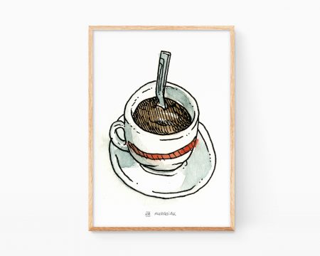 Lámina decorativa para cocinas con una ilustración en acuarela de una taza de café expresso. Cuadro para enmarcar decoración para adictos a la cafeína disponible a la venta online.
