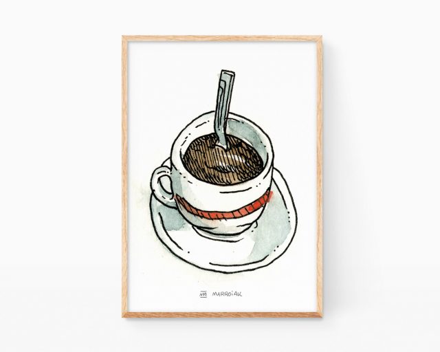 Lámina decorativa para cocinas con una ilustración en acuarela de una taza de café expresso. Cuadro para enmarcar decoración para adictos a la cafeína disponible a la venta online.