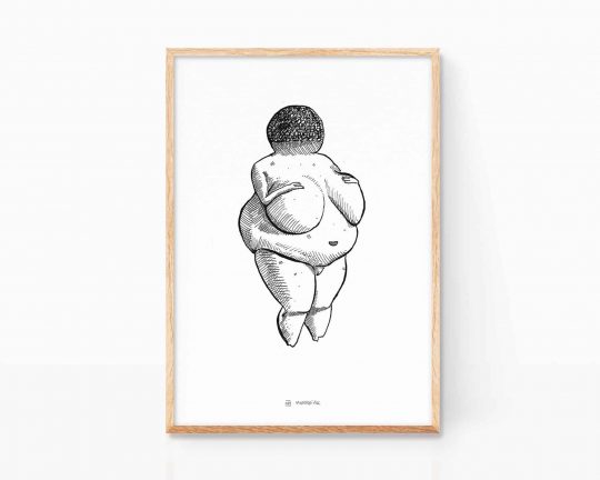 Lámina en blanco y negro con una ilustración de la escultura primitiva la Venus de Willendorf. Cuadro y póster para enmarcar dibujo símbolo de fertilidad.