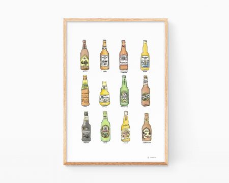 Cuadro decorativo para enmarcar con motivos de cocinas con ilustraciones de botellas de cervezas de países del mundo. Arte contemporáneo barato