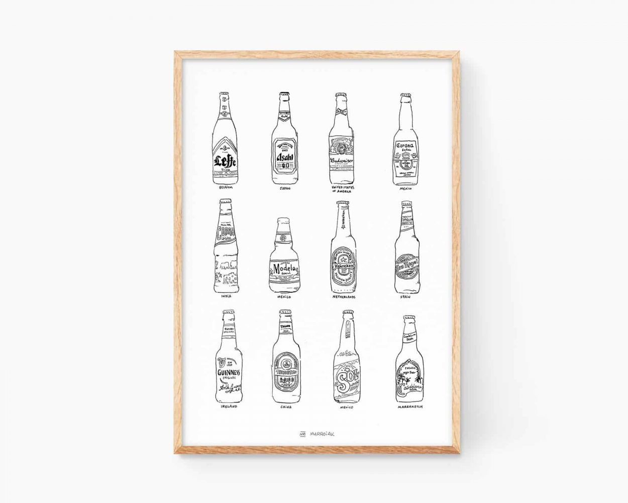 Lámina decorativa para cocinas con una ilustración de diferentes cervezas del mundo. Cobra, Heineken, tsingtao, coronita, san miguel, leffe, cobra, casa blanca, guiness