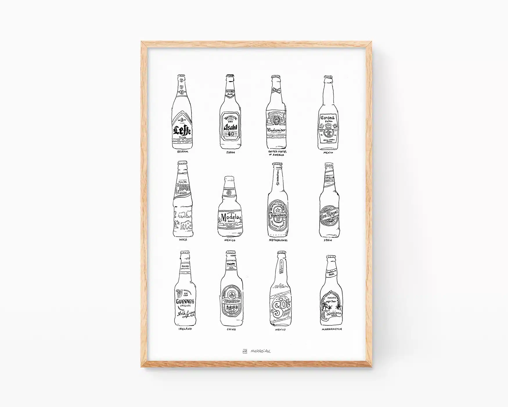Lámina decorativa para cocinas con una ilustración de diferentes cervezas del mundo. Cobra, Heineken, tsingtao, coronita, san miguel, leffe, cobra, casa blanca, guiness