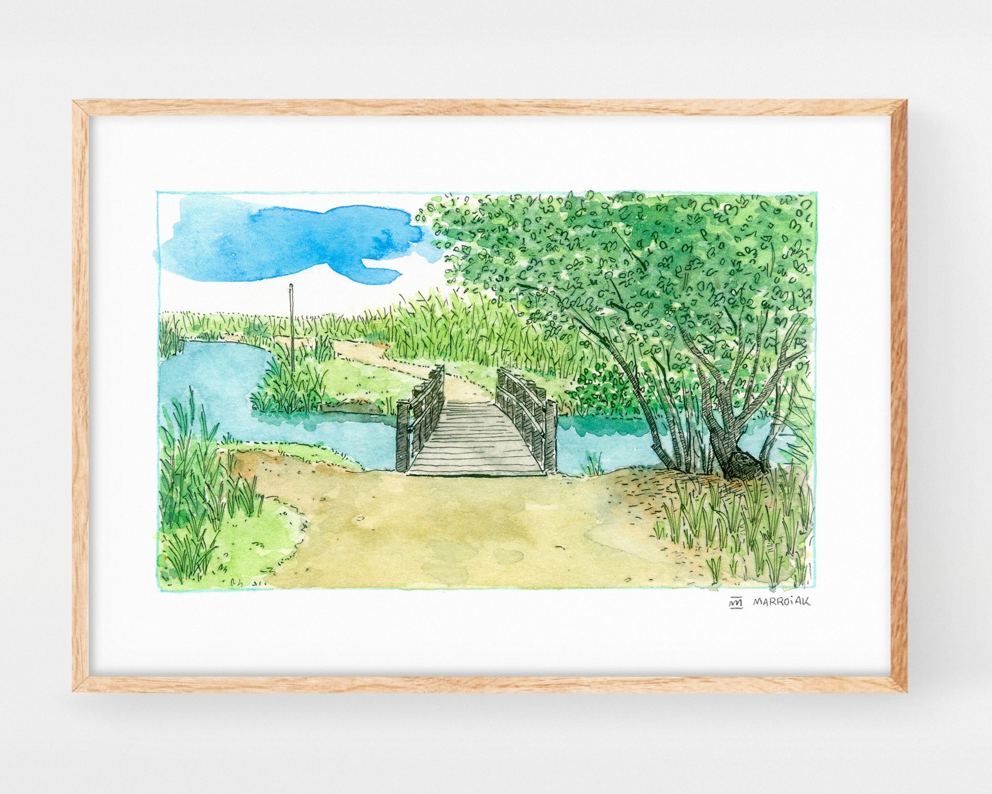 Cuadro decorativo de naturaleza con un dibujo en acuarela de un puente de madera junto a un árbol y un río en el Parque Natural de la Marjal Pego-Oliva. Dibujos y fotos de marjales y humedales de la Comunidad Valenciana.
