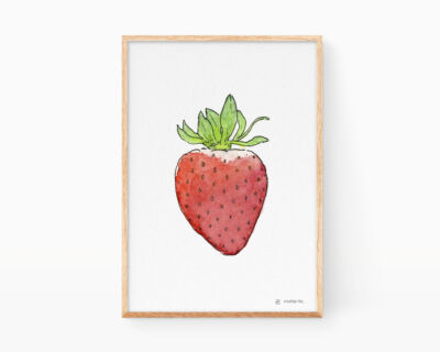 Kitchen print with a watercolor drawing of a strawberry, the most iconic fruit illustrated in ink and watercolor on paper.