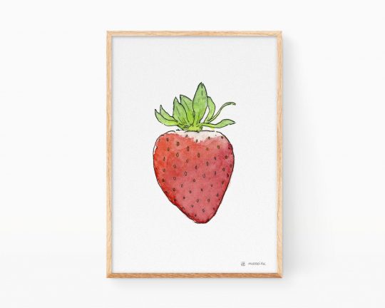 Lámina para cocina con un dibujo en acuarela de una fresa, la fruta más icónica ilustrada en tinta y acuarela sobre papel.