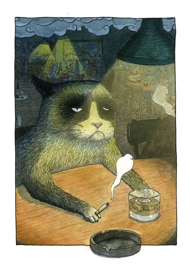 Pintura en acuarela cuadro del gato borracho en un bar tomando whiski