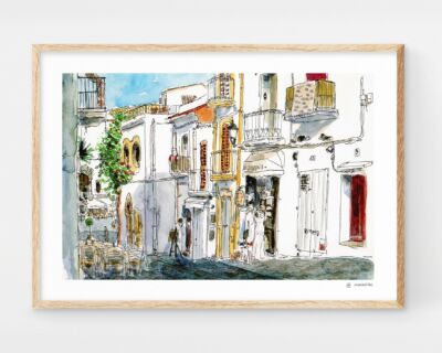 Print of Ibiza town with an illustration of a watercolor landscape of Carrer de la Santa Creu street in Dalt Vila neighborhood. Prints from the Balearic Islands.