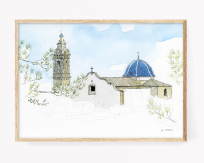 Watercolor plate church santa maria olive sketch