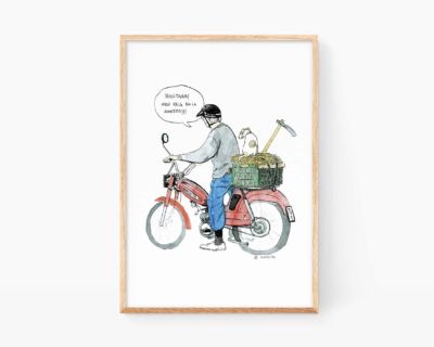 Decorative picture to frame with a typical image of the villages of Valencia: an old man (uelo) on an old motorcycle with his dog in the direction of the orchard. Illustrations souvenirs of La Terreta