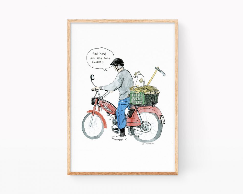 Cuadro decorativo para enmarcar con una imagen tipica de los pueblos de valencia: un anciano (uelo) sobre una moto antigua y con su perro en dirección al huerto. Ilustraciones souvenirs de la Terreta