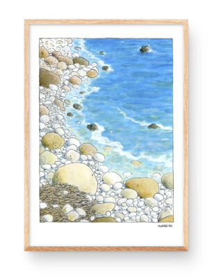 Lamina ilustración paisaje en acuarela de la playa Cala Moraig en el pueblo de Benitatxell, Marina Alta, Alicante