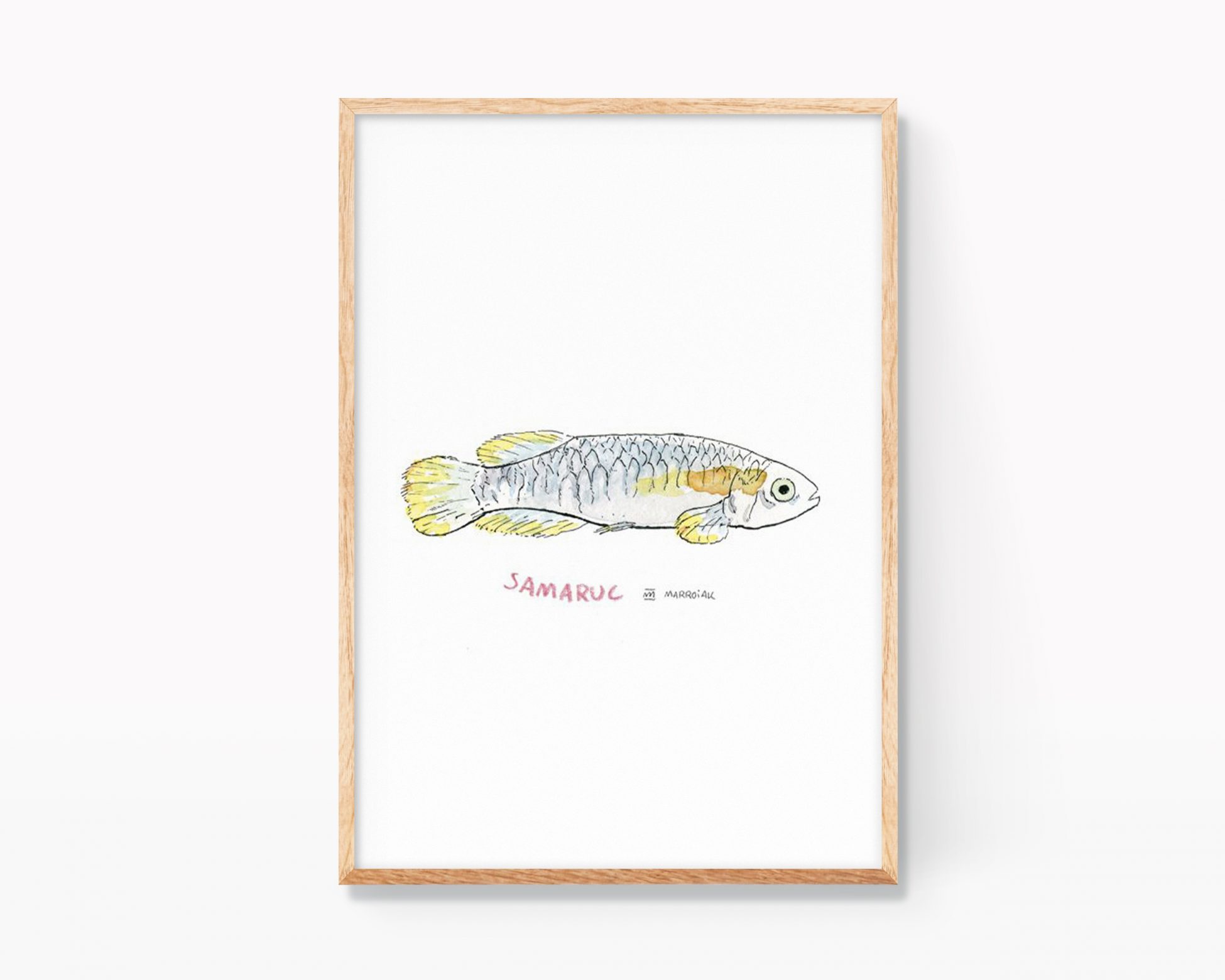 Cuadro decorativo con una ilustración de un pez samaruc. Dibujos para enmarcar decoración de animales y naturaleza