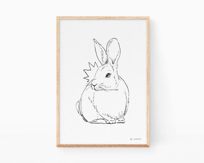 Láminas de animales de la península ibérica: ilustración en blanco y negro de un conejo dibujado a tinta. Decoración para biólogos.