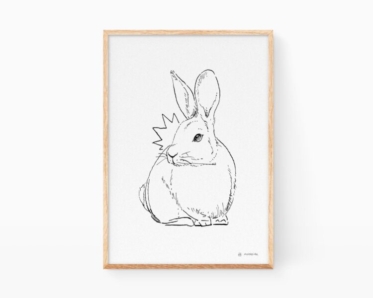 Láminas de animales de la península ibérica: ilustración en blanco y negro de un conejo dibujado a tinta. Decoración para biólogos.