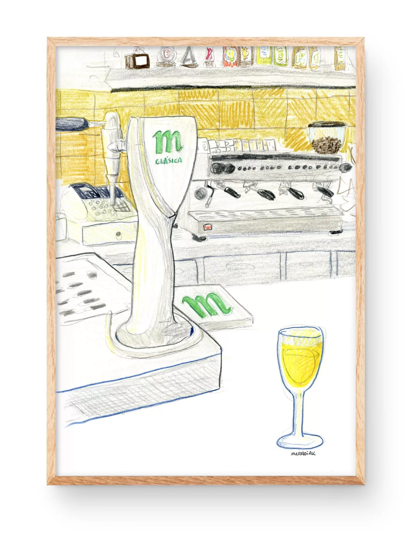 Lámina con una ilustración de una barra de un bar con una caña de cerveza Mahou y una cafetera al fondo